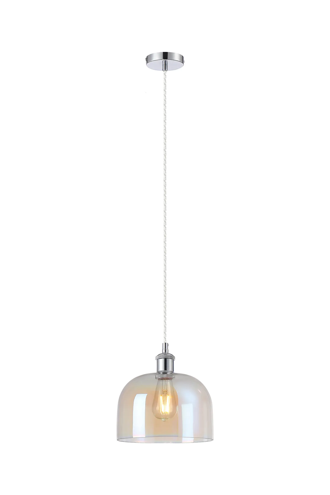Cawdor Single Pendant, 1 Light E27, Polished Chrome/Clear/Iridescent Cloche Glass DK1134  Deco Cawdor
